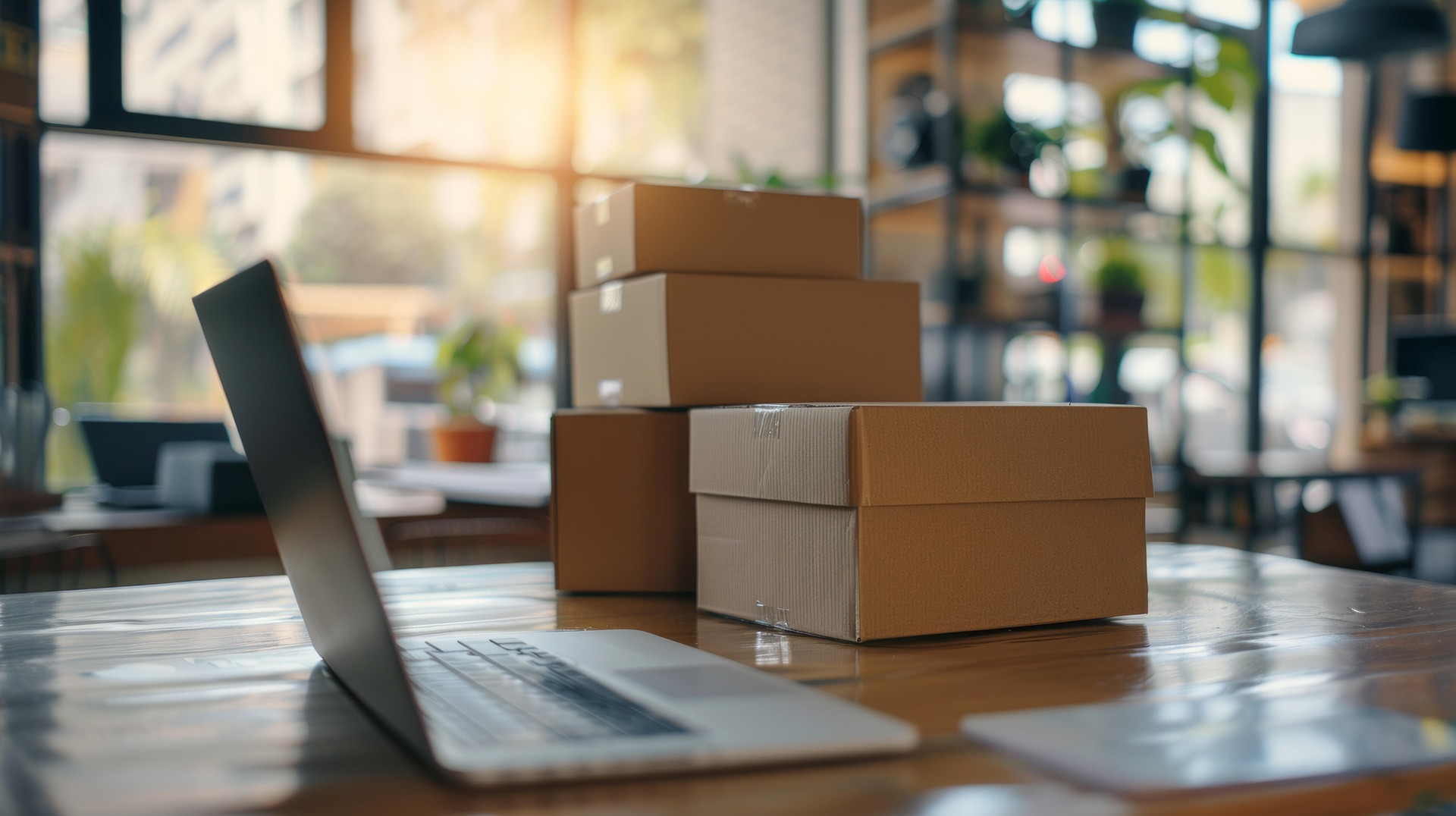 Ordinateur avec des cartons posés à coté