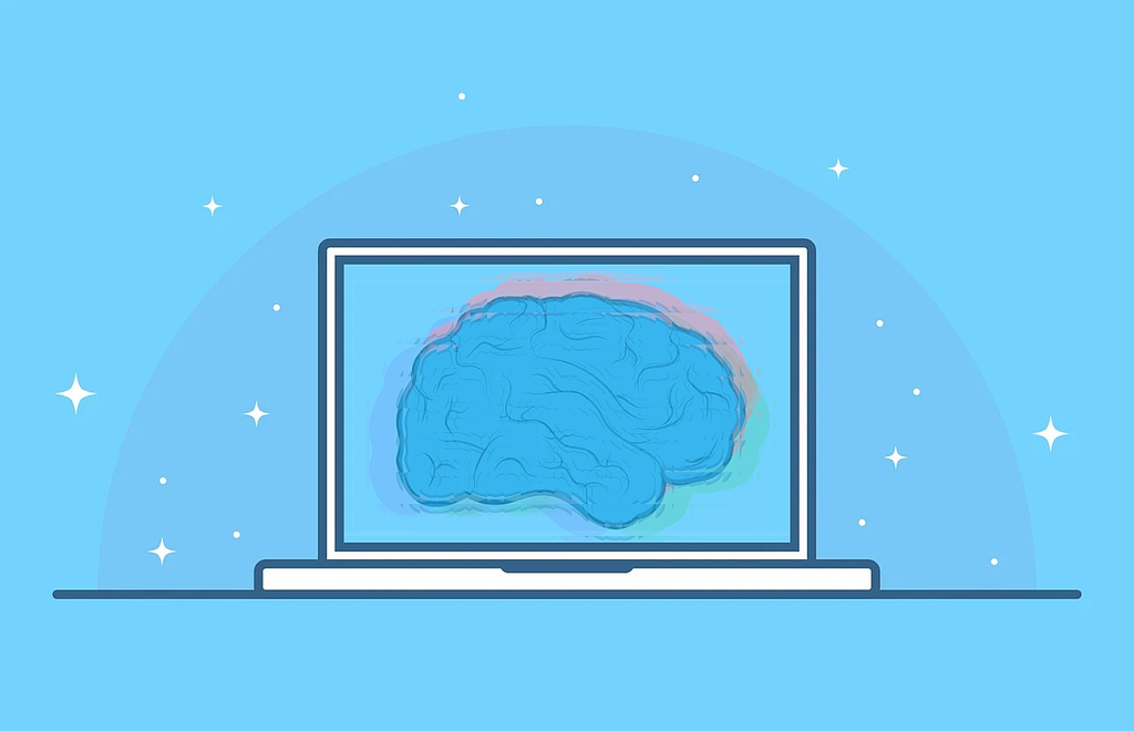 A computer with a brain in the screen but the brain is glitchy