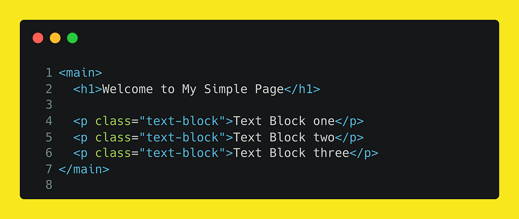 html structure with a main and inside a h1 title then 3 paragraphs