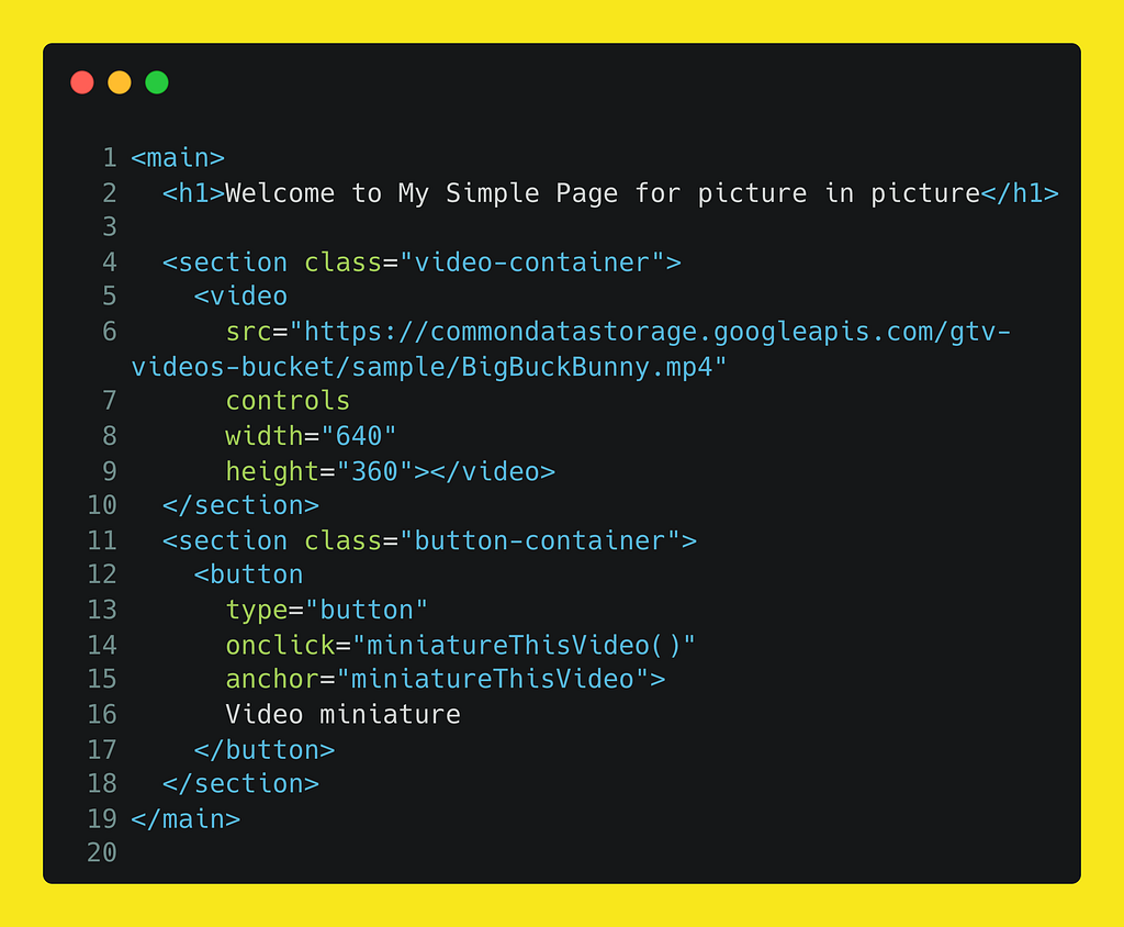 HTML template with a video and a button