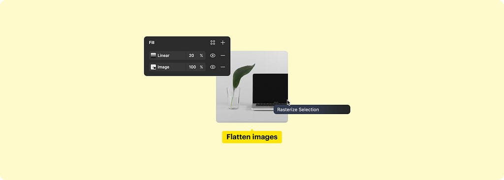 Capture d’écran de l’option “Rasterize Selection” sur Figma permettant d’aplartir les effets appliqués sur une image