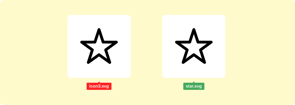 Aperçu d’une icône avec un nom générique (icon3.svg) vs. aperçu d’une icône avec un nom descriptif (star.svg)