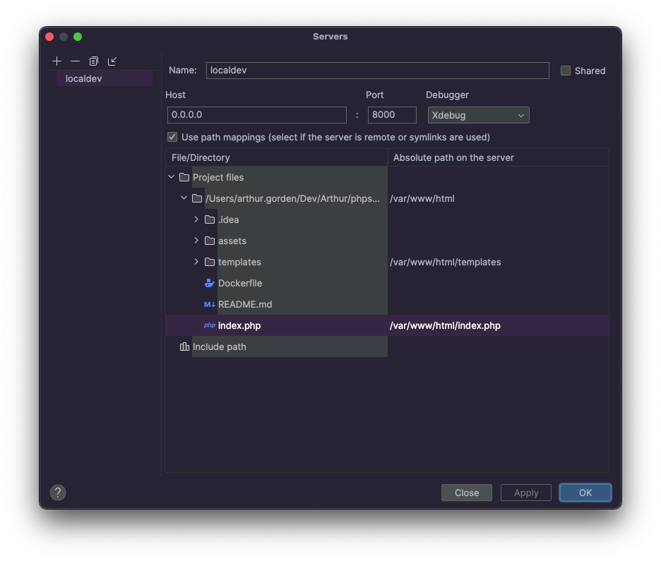 PhpStorm screenshot showing the debug server configuration