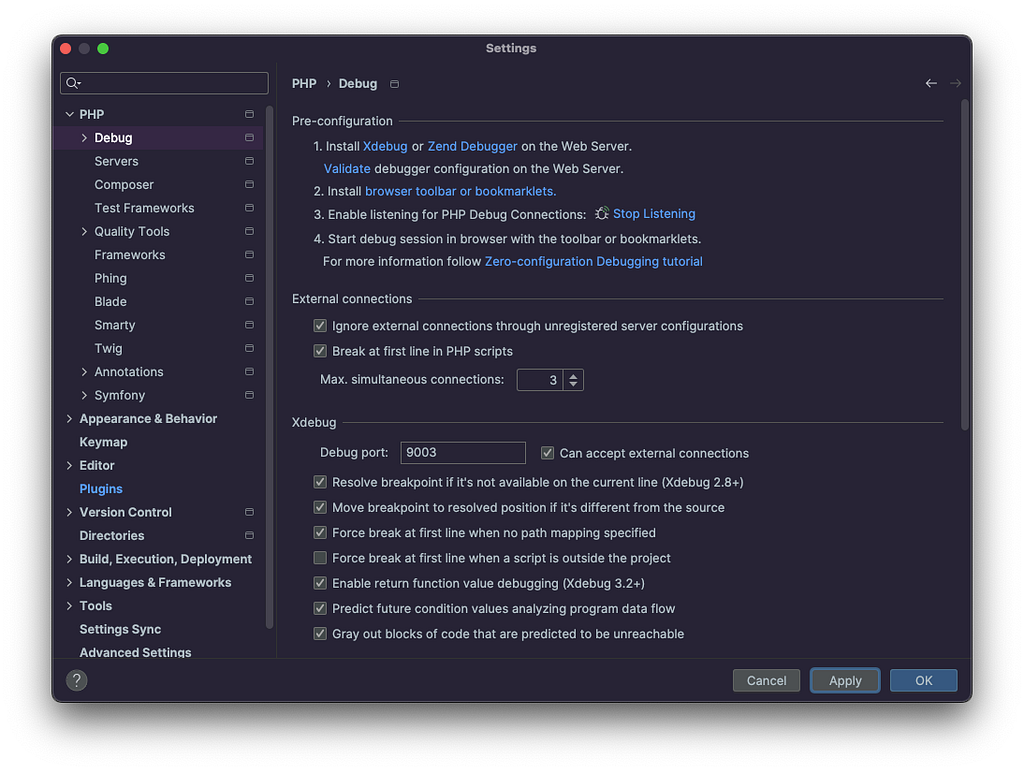 PhpStorm screenshot showing the debug settings window