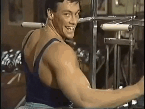 An animated image of Jean Claude Van Damme doing the big gap (I hope this is the word) and saying “Hey”