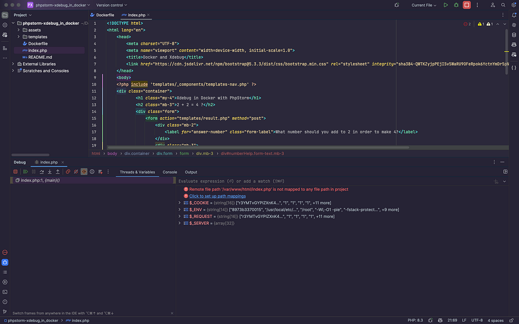 A PhpStorm window with the Debug window opened in the bottom-half of the screen