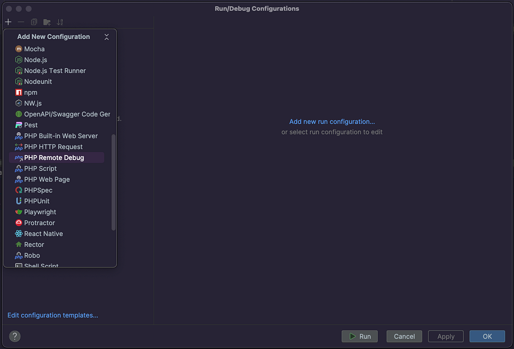 PhpStorm screenshot showing how to create PHP remote-debug configuration