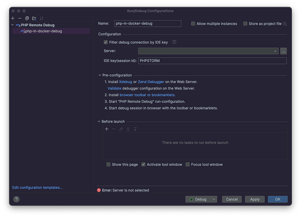 PhpStorm screenshot showing the creation of the PHP remote debug configuration
