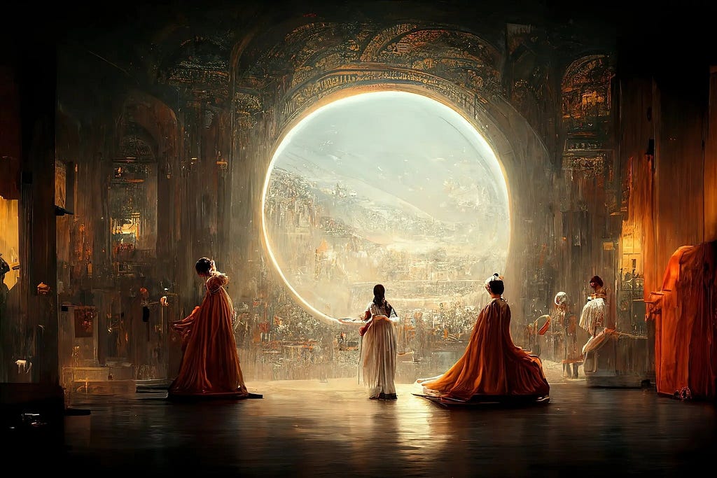 A picture of the Allen’ piece. It show people walking in a rich room. There’s a woman looking at the window to the beautiful and strange landscape.