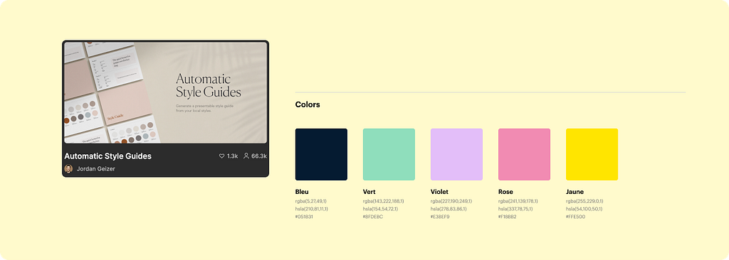 Aperçu d’un styleguide de couleurs généré avec le plugin Figma Automatic Style Guides