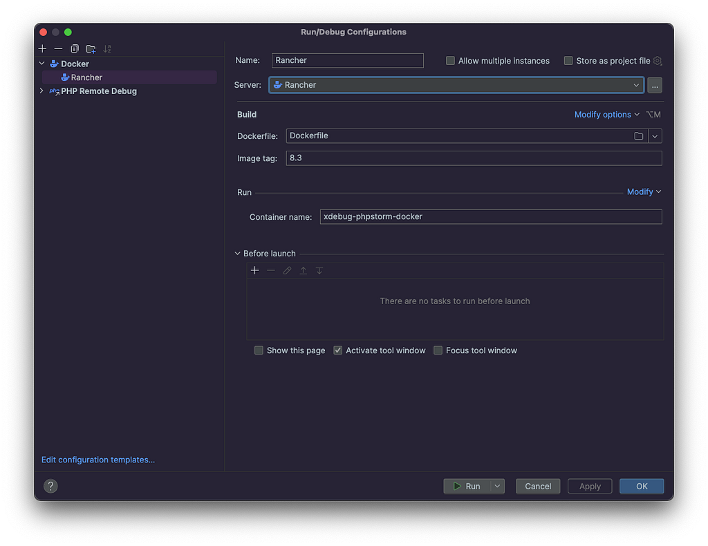 PhpStorm screenshot showing the creation of the Dockerfile debug configuration