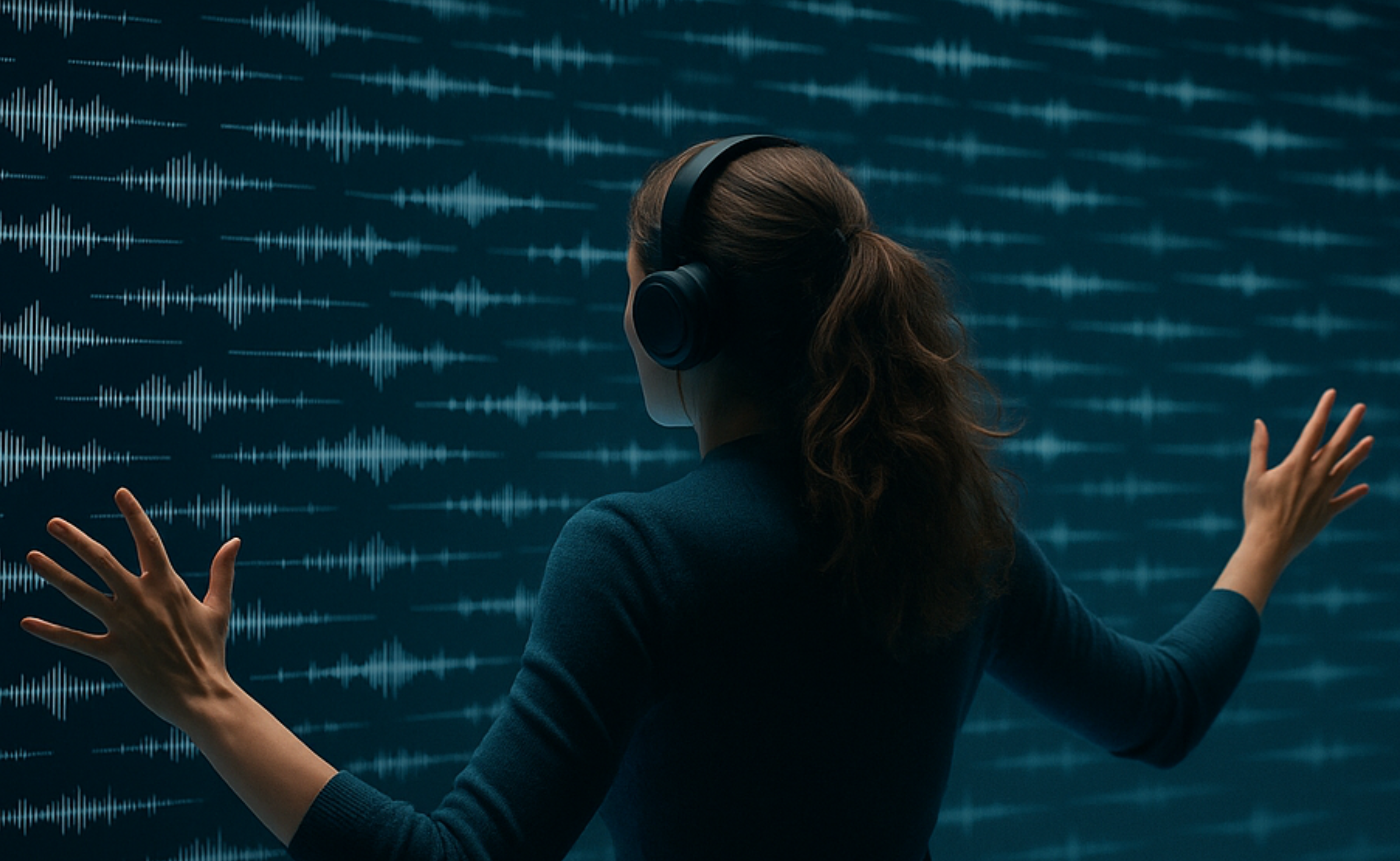 Une femme avec des milliers de pistes audio face à elle créant de la musique