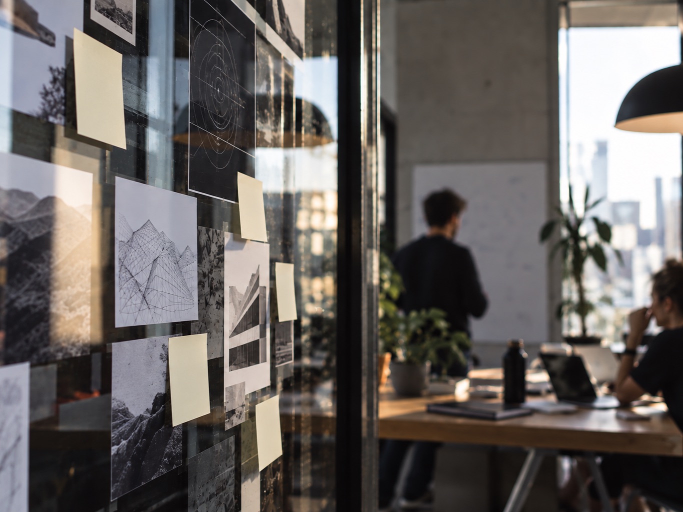 Mur de recherche visuelle couvert de photos et de post-it, avec une équipe au travail en arrière-plan